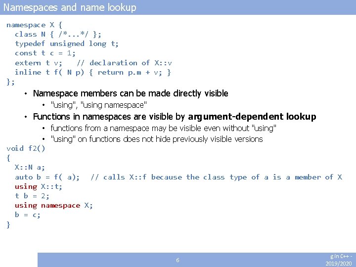 Namespaces and name lookup namespace X { class N { /*. . . */