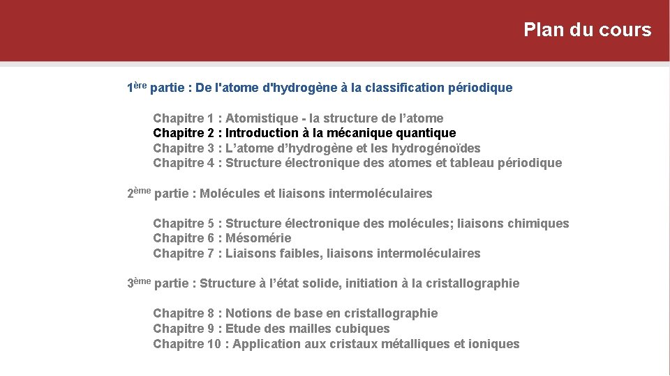 Plan du cours 1ère partie : De l'atome d'hydrogène à la classification périodique Chapitre