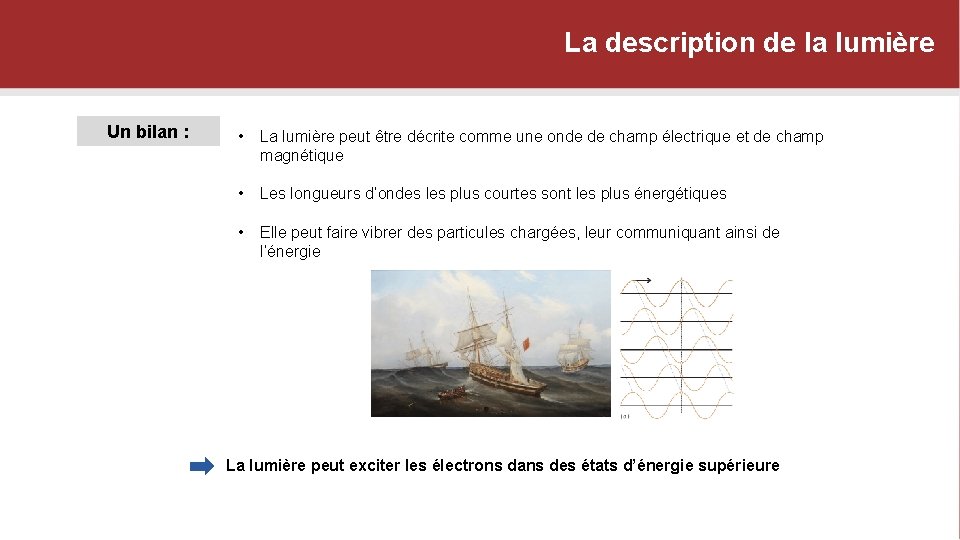 La description de la lumière Un bilan : • La lumière peut être décrite