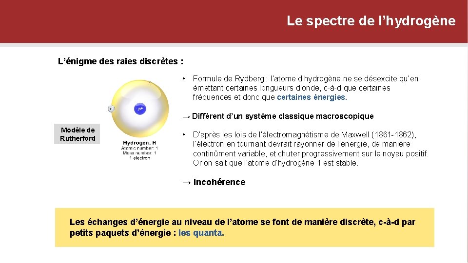 Le spectre de l’hydrogène L’énigme des raies discrètes : • Formule de Rydberg :