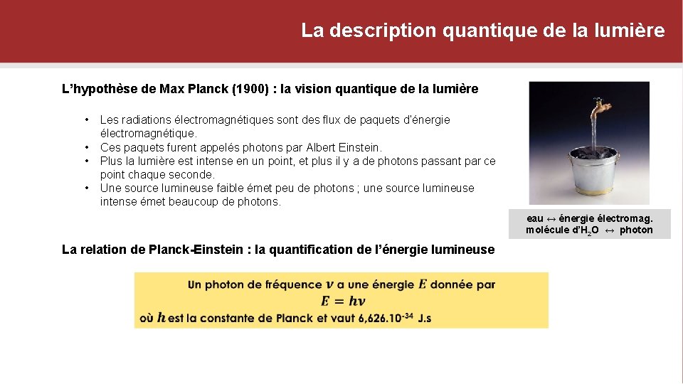 La description quantique de la lumière L’hypothèse de Max Planck (1900) : la vision