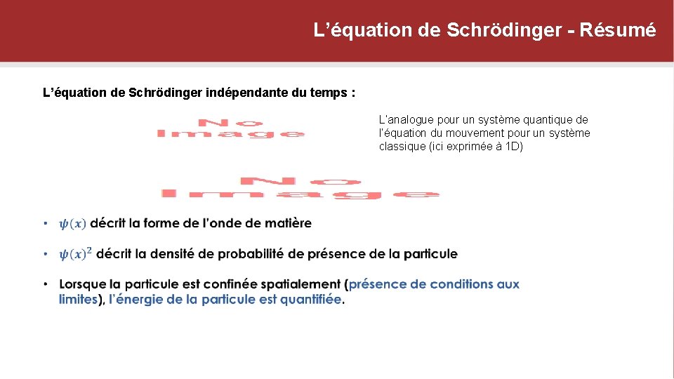L’équation de Schrödinger - Résumé L’équation de Schrödinger indépendante du temps : L’analogue pour