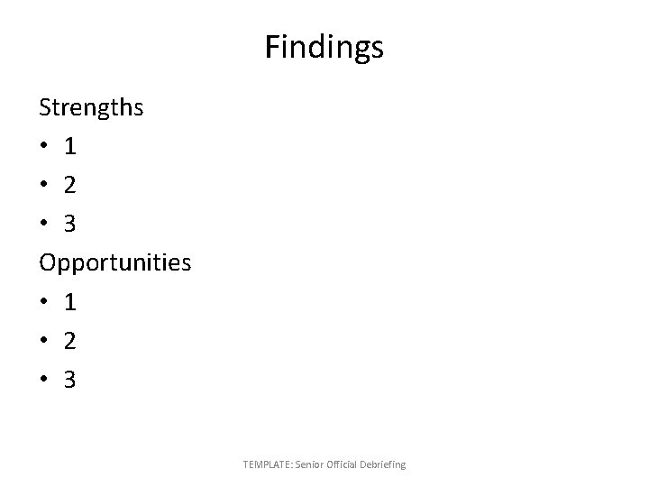 Findings Strengths • 1 • 2 • 3 Opportunities • 1 • 2 •