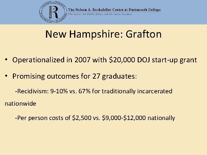 New Hampshire: Grafton • Operationalized in 2007 with $20, 000 DOJ start-up grant •