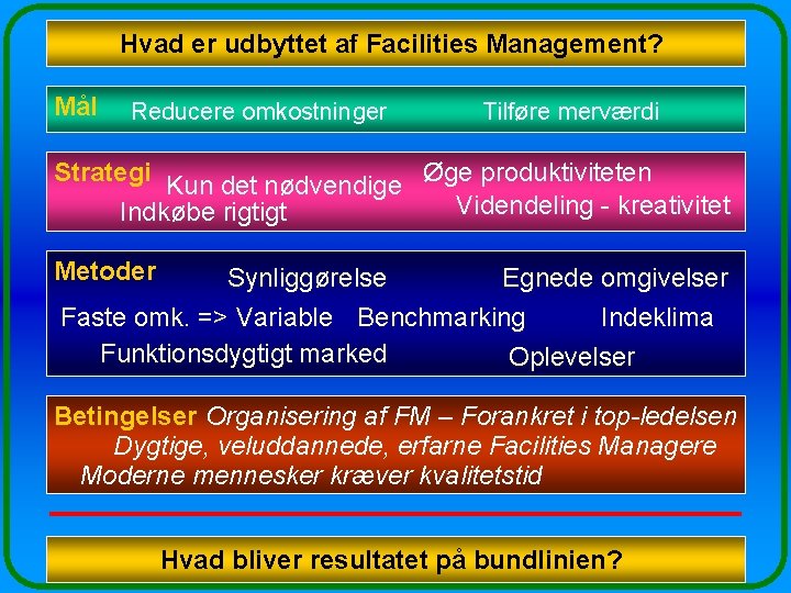 Hvad er udbyttet af Facilities Management? Mål Reducere omkostninger Tilføre merværdi Strategi Kun det