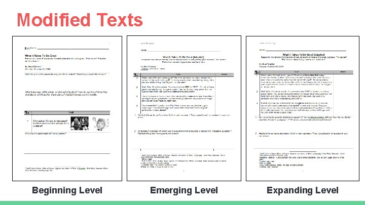 Modified Texts Beginning Level Emerging Level Expanding Level 