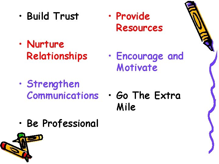  • Build Trust • Nurture Relationships • Provide Resources • Encourage and Motivate