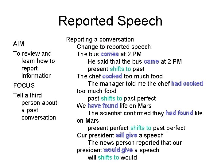 Reported Speech AIM To review and learn how to report information FOCUS Tell a