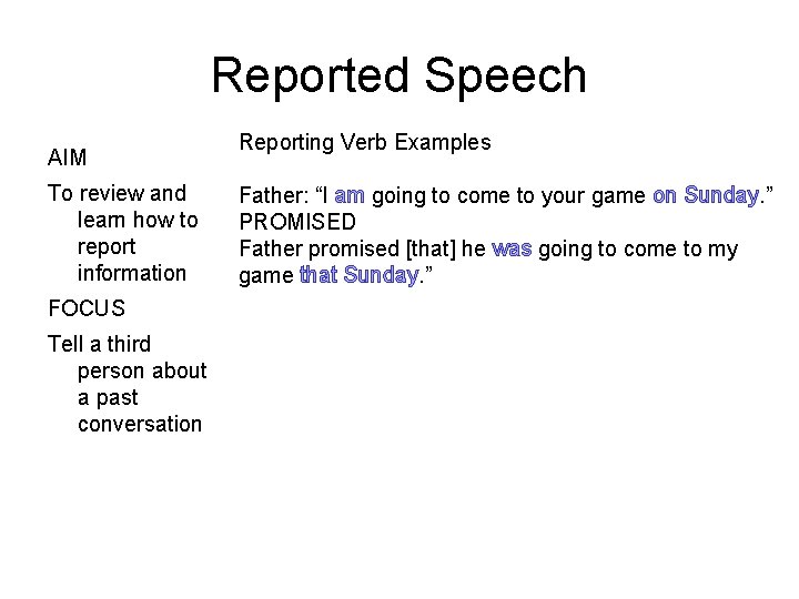 Reported Speech AIM To review and learn how to report information FOCUS Tell a