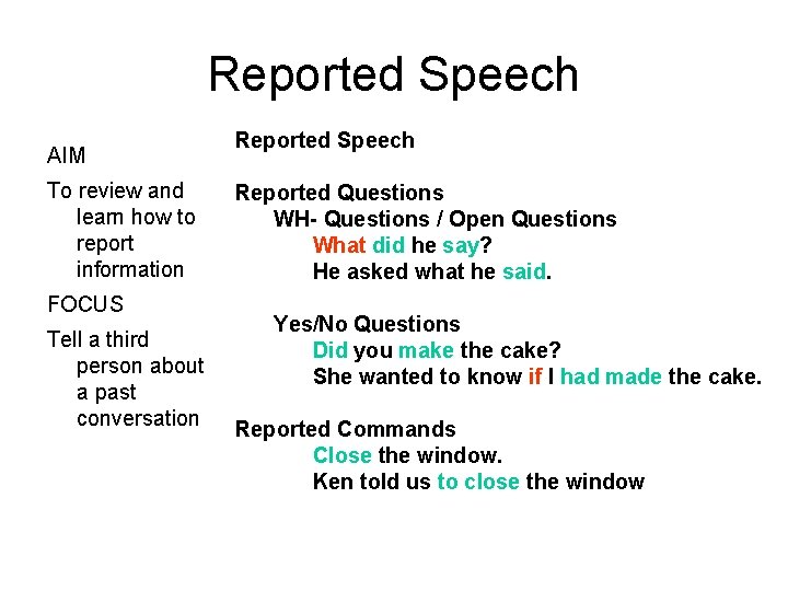 Reported Speech AIM To review and learn how to report information FOCUS Tell a