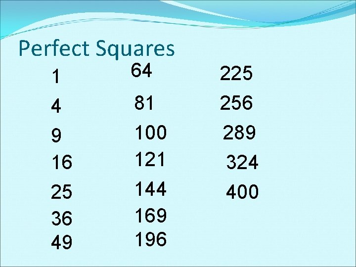 Perfect Squares 1 4 9 16 25 36 49 64 225 81 100 121