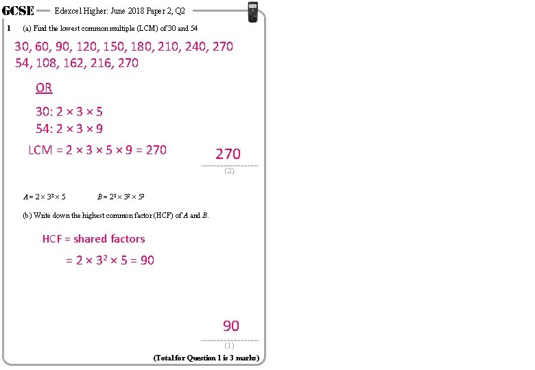 GCSE 1 Edexcel Higher: June 2018 Paper 2, Q 2 (a) Find the lowest