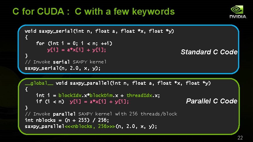 C for CUDA : C with a few keywords void saxpy_serial(int n, float a,