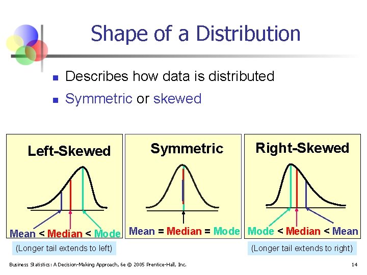 Shape of a Distribution n Describes how data is distributed n Symmetric or skewed