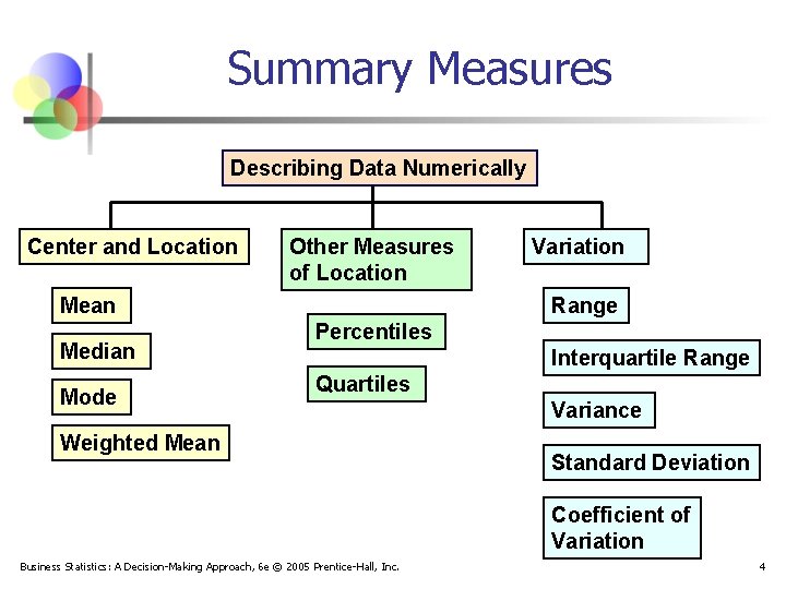 Summary Measures Describing Data Numerically Center and Location Other Measures of Location Mean Median