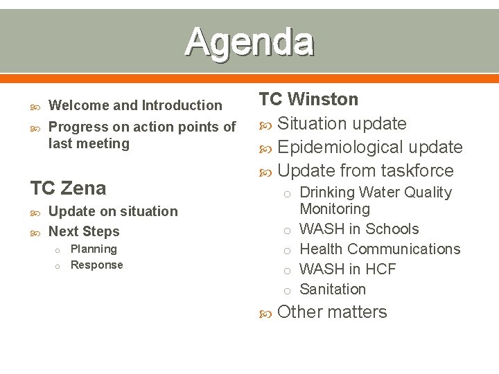 Agenda Welcome and Introduction Progress on action points of last meeting TC Zena TC