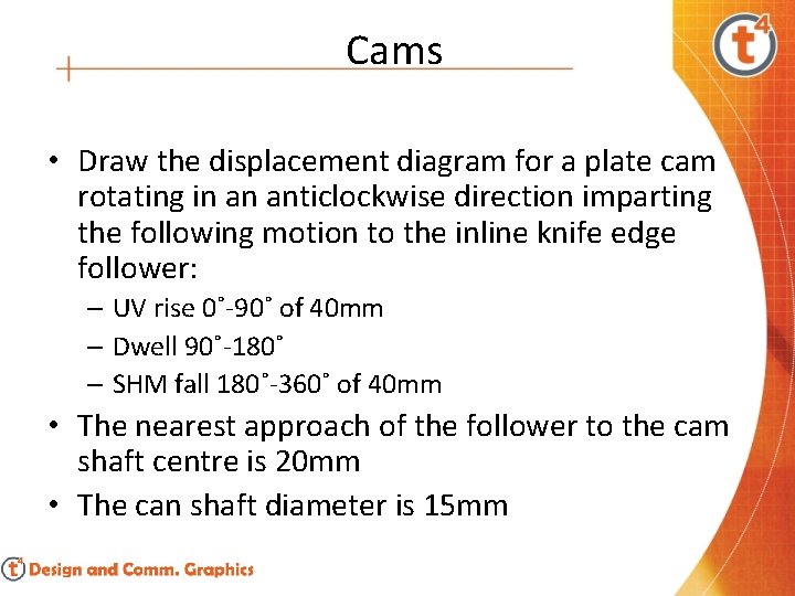 Cams • Draw the displacement diagram for a plate cam rotating in an anticlockwise
