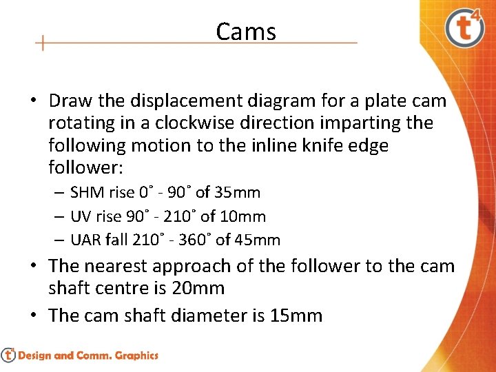 Cams • Draw the displacement diagram for a plate cam rotating in a clockwise