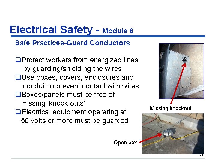 Electrical Safety - Module 6 Safe Practices-Guard Conductors q. Protect workers from energized lines Electrical Safety - Module 6 Safe Practices-Guard Conductors q. Protect workers from energized lines