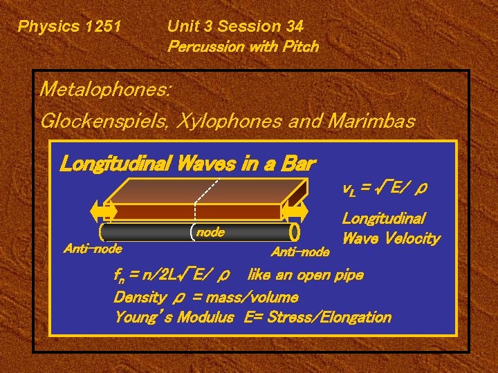 Physics 1251 Unit 3 Session 34 Percussion with Pitch Metalophones: Glockenspiels, Xylophones and Marimbas