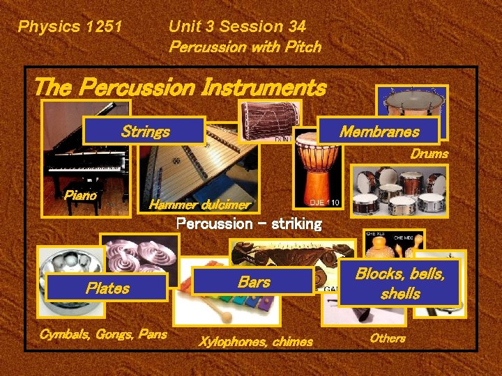 Physics 1251 Unit 3 Session 34 Percussion with Pitch The Percussion Instruments Strings Membranes