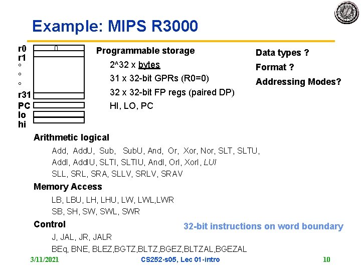 Example: MIPS R 3000 r 1 ° ° ° r 31 PC lo hi