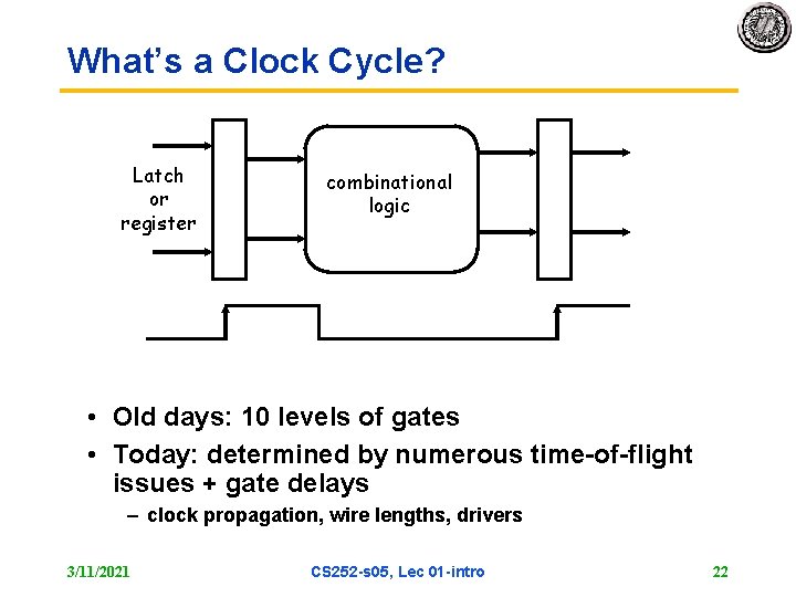 What’s a Clock Cycle? Latch or register combinational logic • Old days: 10 levels