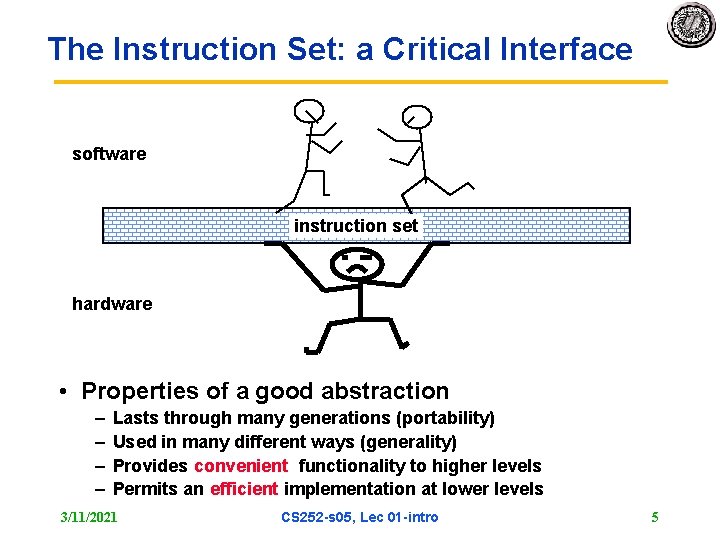 The Instruction Set: a Critical Interface software instruction set hardware • Properties of a