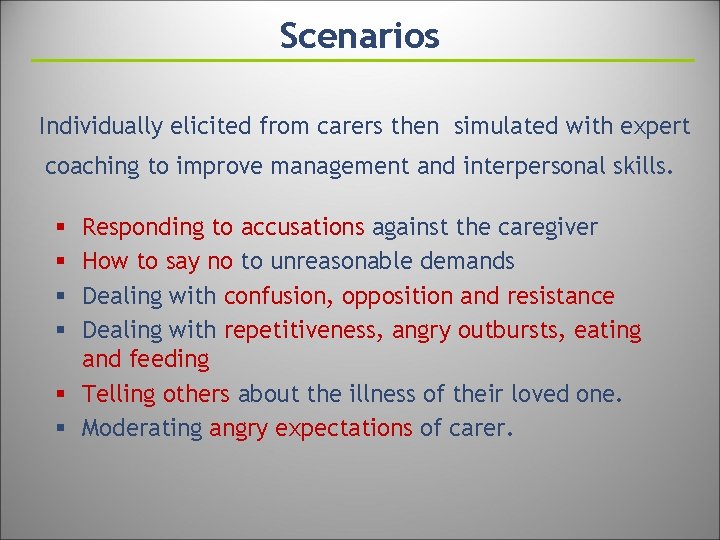Scenarios Individually elicited from carers then simulated with expert coaching to improve management and