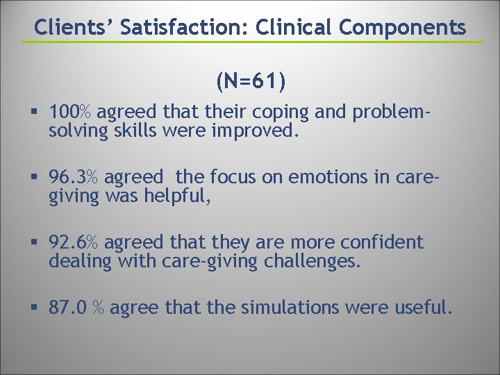 Clients’ Satisfaction: Clinical Components (N=61) § 100% agreed that their coping and problemsolving skills