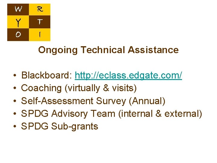 Ongoing Technical Assistance • • • Blackboard: http: //eclass. edgate. com/ Coaching (virtually &