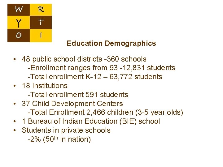 Education Demographics • 48 public school districts -360 schools -Enrollment ranges from 93 -12,