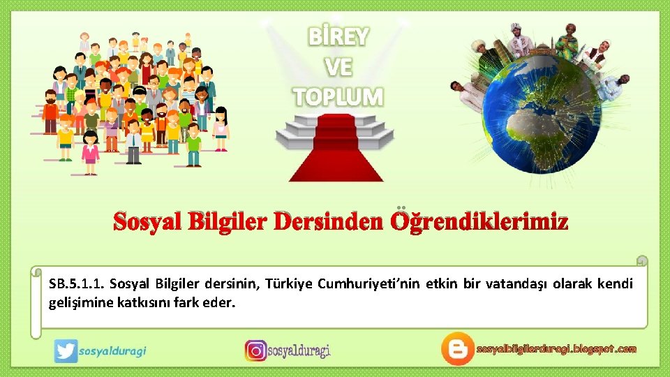 Sosyal Bilgiler Dersinden Öğrendiklerimiz SB. 5. 1. 1. Sosyal Bilgiler dersinin, Türkiye Cumhuriyeti’nin etkin