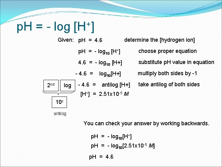 p. H = - log [H+] Given: p. H = 4. 6 2 nd