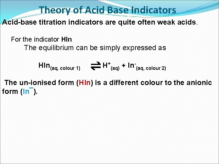 Theory of Acid Base Indicators Acid-base titration indicators are quite often weak acids. For