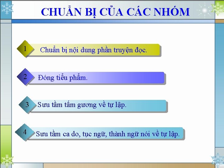 CHUẨN BỊ CỦA CÁC NHÓM 1 Chuẩn bị nội dung phần truyện đọc. 2