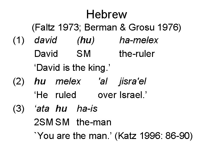 Hebrew (Faltz 1973; Berman & Grosu 1976) (1) david (hu) ha-melex David SM the-ruler