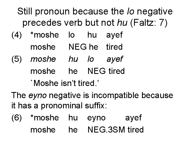 Still pronoun because the lo negative precedes verb but not hu (Faltz: 7) (4)