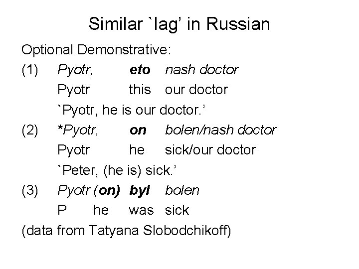Similar `lag’ in Russian Optional Demonstrative: (1) Pyotr, eto nash doctor Pyotr this our