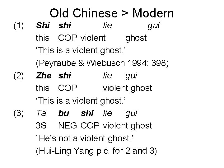 Old Chinese > Modern (1) (2) (3) Shi shi lie gui this COP violent