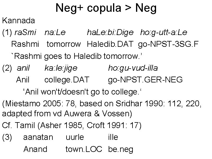 Neg+ copula > Neg Kannada (1) ra. Smi na: Le ha. Le: bi: Dige