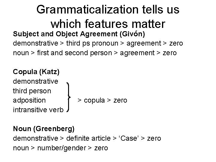 Grammaticalization tells us which features matter Subject and Object Agreement (Givón) demonstrative > third