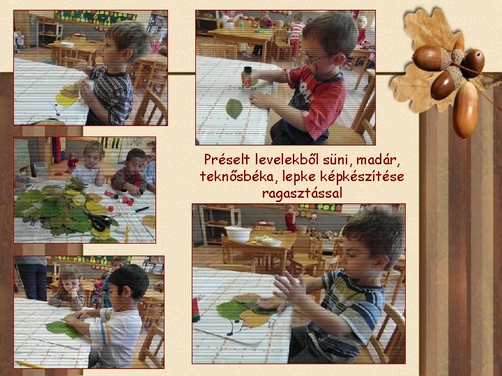 Préselt levelekből süni, madár, teknősbéka, lepke képkészítése ragasztással 