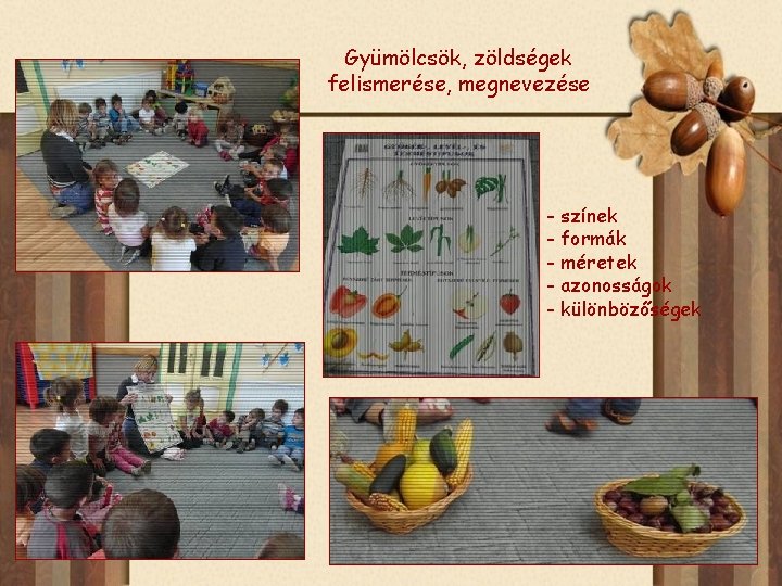 Gyümölcsök, zöldségek felismerése, megnevezése - színek - formák - méretek - azonosságok - különbözőségek
