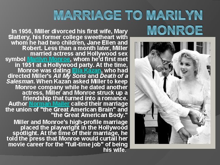 MARRIAGE TO MARILYN In 1956, Miller divorced his first wife, Mary MONROE Slattery, his