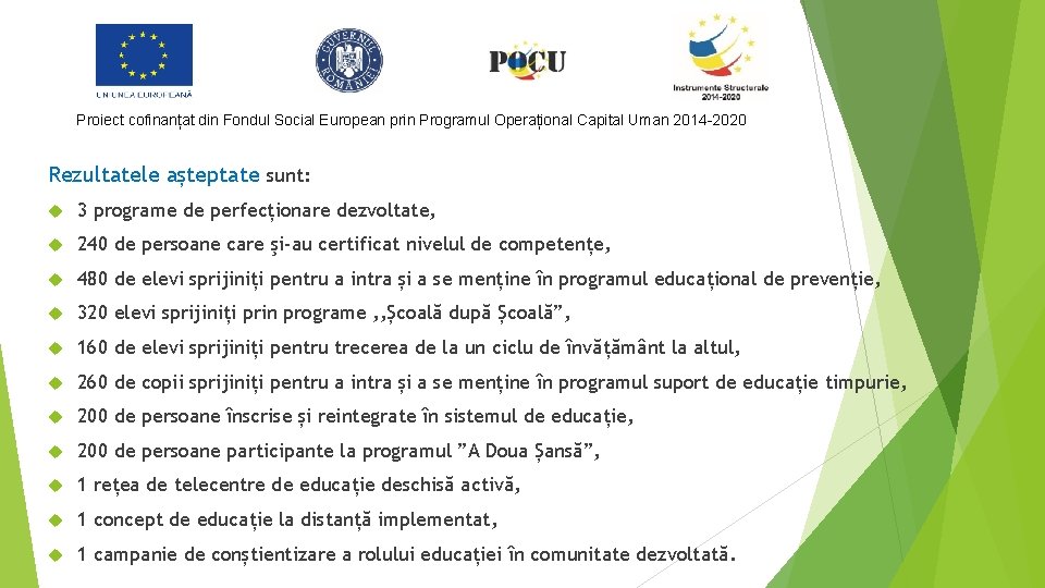 Proiect cofinanțat din Fondul Social European prin Programul Operațional Capital Uman 2014 -2020 Rezultatele