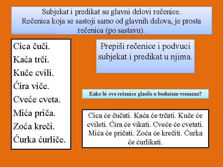 Subjekat i predikat su glavni delovi rečenice. Rečenica koja se sastoji samo od glavnih