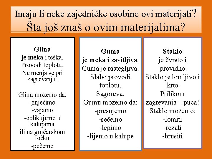 Imaju li neke zajedničke osobine ovi materijali? Šta još znaš o ovim materijalima? Glina