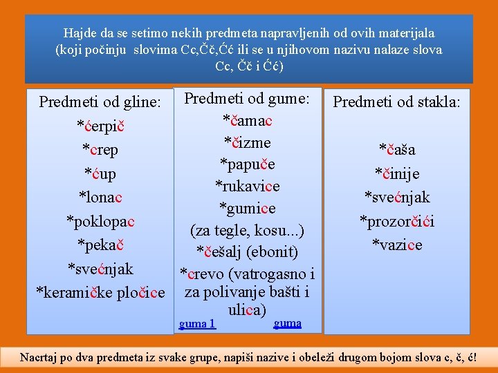 Hajde da se setimo nekih predmeta napravljenih od ovih materijala (koji počinju slovima Cc,