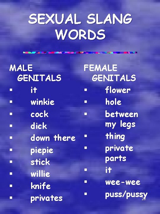 SEXUAL SLANG WORDS MALE GENITALS § it § winkie § cock § dick §